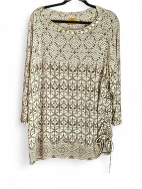 Ruby Rd. Woman 2X Boho Geometric Print Top Embellished Neckline Ruched Side